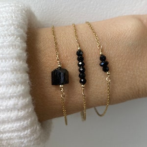 Black tourmaline bead bar bracelet. Dainty tourmaline bracelet.  October birthstone. Empath protection.