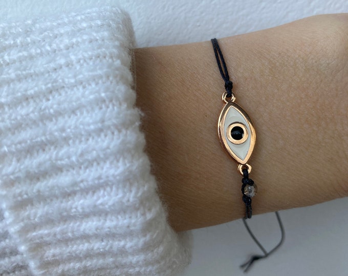 Dainty Rose Gold Evil Eye Bracelet: Adjustable Macrame Cord