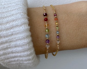 Pulsera de 7 chakras. Piedra auténtica 7 chakras. Pulsera de chakra delicada. Pulsera curativa de cristal. Oro lleno/oro rosa, plata de primera ley