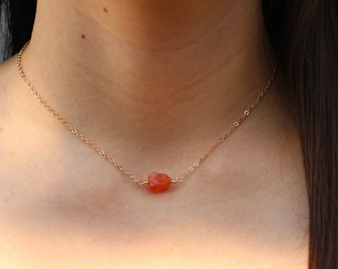 Raw carnelian nugget necklace.  Carnelian crystal necklace. Carnelian choker. Orange gemstone.  Gold filled, sterling silver.