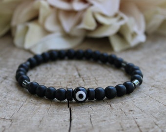 Mens Evil Eye Bracelet: Black Stone Bead & Hematite Protection