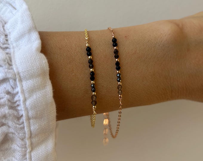 Gemstone protection bracelet. Black onyx, gold sheen obsidian, black tourmaline, hematite, smoky quartz . Gold filled, sterling silver