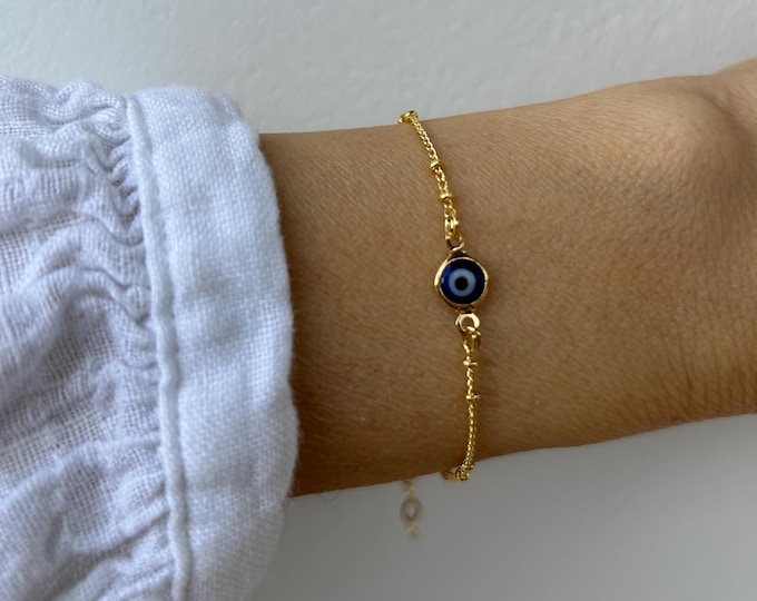 Gold Filled Evil Eye Bracelet: Dainty Satellite Chain, Greek Mati