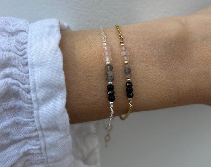 Rose quartz, labradorite and black tourmaline bracelet.  Gold filled/sterling silver. Empath protection, grounding, block negativity, luck