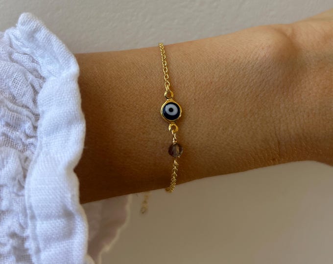 Gold Filled Evil Eye Bracelet:  Protection bracelet. Greek mati bracelet. Smoky quartz. Gold, silver stainless steel chain.