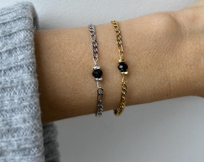 Black tourmaline bracelet for men. Unisex Figaro stainless steel chain. Empath protection. Silver/gold chain. 3mm.