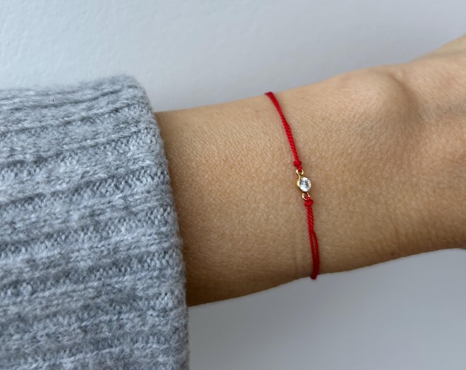 Red Silk String Bracelet with CZ Charm, Adjustable. Cubic zirconia cord bracelet. Diamond cord bracelet.