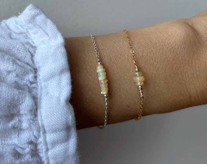 Opal bracelet. Fire opal bracelet. October birthstone bracelet. Gold, silver, rose gold chain.