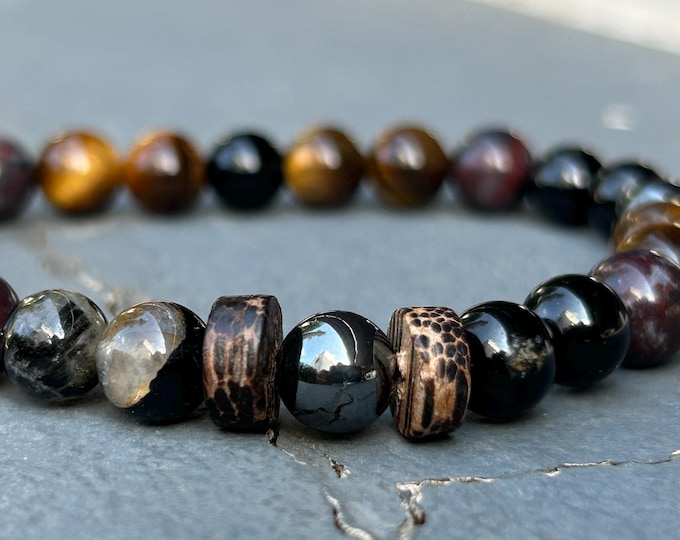 Mens Empath Protection Bracelet: Black Tourmaline, Hematite, Jasper, Tiger's Eye. 8mm beads.