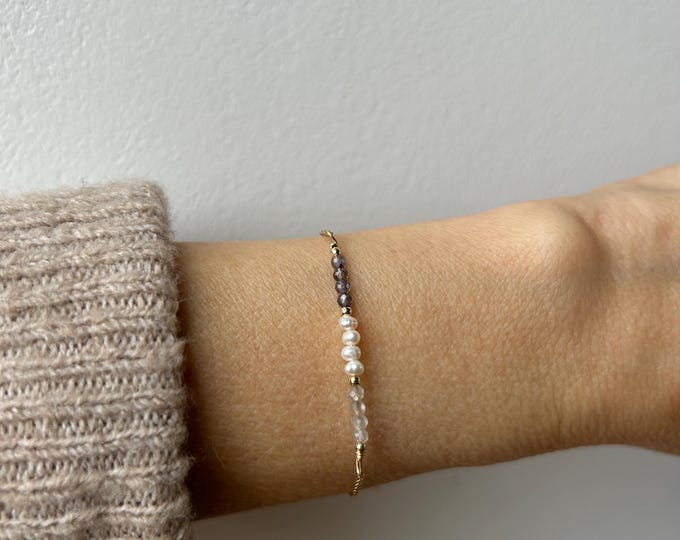Pearl, iolite and moonstone bracelet.  Pearl bracelet. Bridal bracelet.  Gold filled/sterling silver