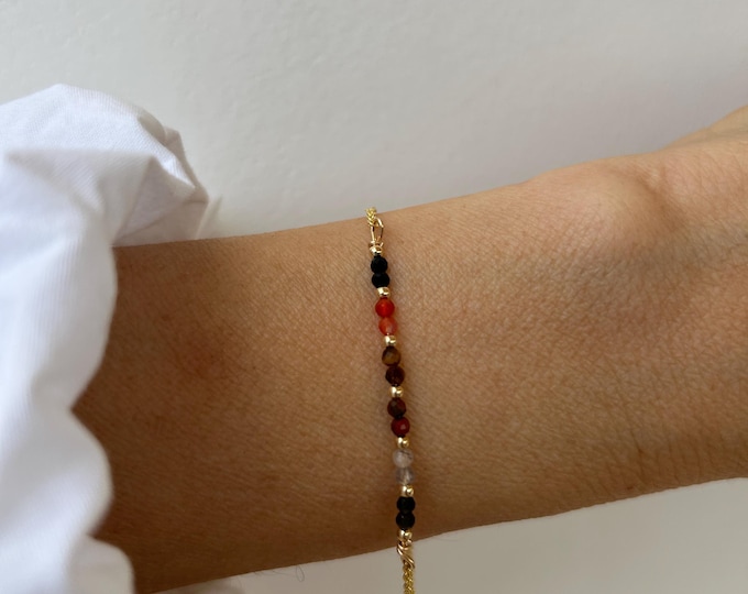 Gemstone Protection Bracelet: Black Tourmaline, Carnelian, Tiger's Eye, Red Jasper, Moonstone, Obsidian