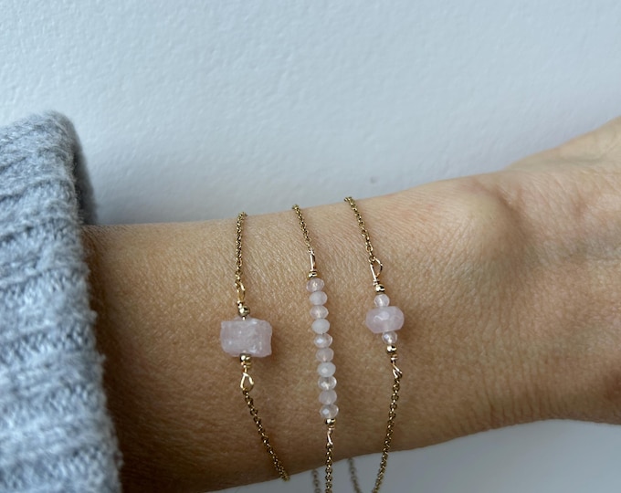 Dainty rose quartz bracelet.  Raw clear quartz nugget. Heart stone. Gold, silver, rose gold chain