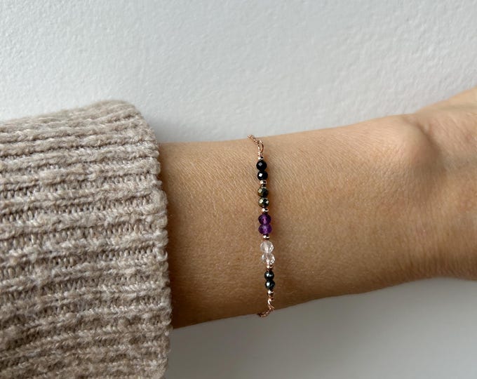 Empath Protection Bracelet: Black Tourmaline, Amethyst, Clear Quartz, hematite and pyrite. Beaded bracelet. Gold, silver, rose gold chain.