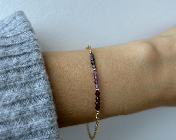 Iolite Amethyst Garnet Gemstone Bar Bracelet, Gold Filled, sterling silver, stainless steel
