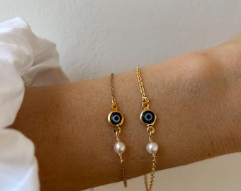 Gold Filled Evil Eye Bracelet, Freshwater Pearl Charm. Stainless steel