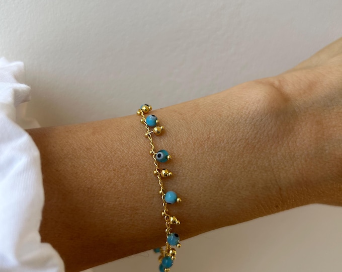 Evil eye link chain bracelet. 18k gold plated brass evil eye drop chain.