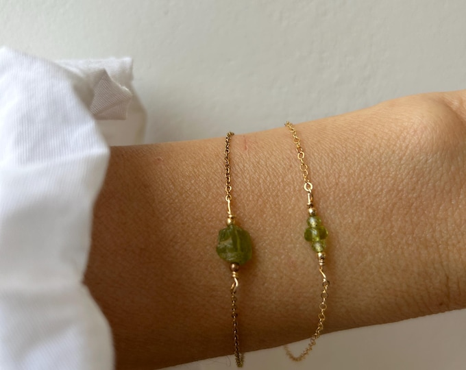 Peridot bracelet.  Raw nugget. August birthstone.Gold, silver, rose gold chain.