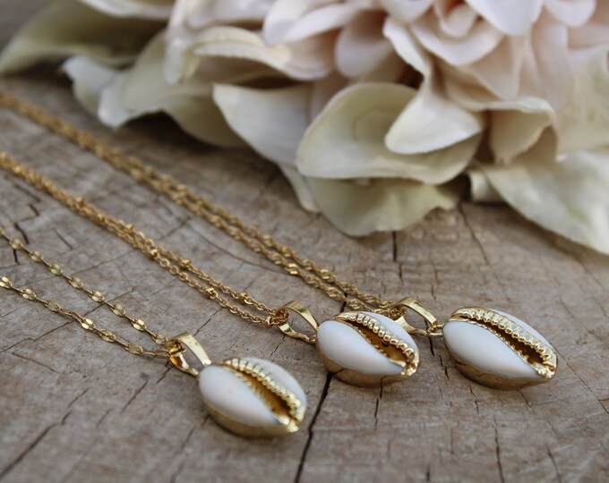 Cowrie shell necklace. Shell necklace. 24k gold plated cowrie shell necklace. Layering necklace. Stainless steel chain necklace.