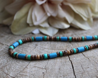 Mens beaded necklace. Mens turquoise necklace. Surfer style necklace. Mens coconut necklace. Mens necklace. Turquoise and blue boho necklace