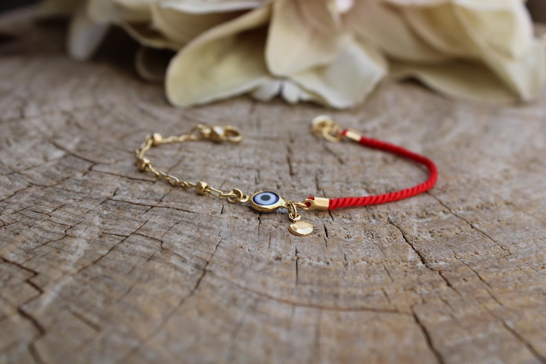 Red String Evil Eye Protection Bracelet, Gold Filled Charm, Adjustable Cord Jewelry image 15