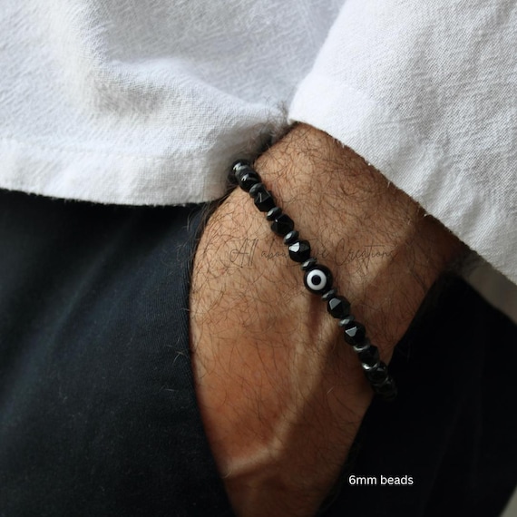 Mens evil eye bracelet with black onyx. Beaded evil eye bracelet.  Beaded black onyx bracelet with evil eye. Grounding and protection. 6mm
