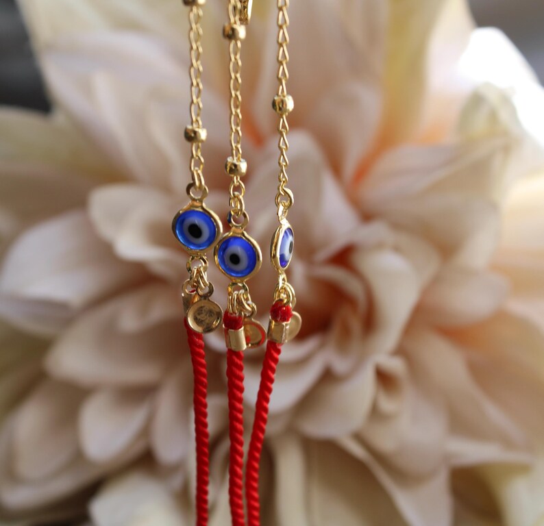Red String Evil Eye Protection Bracelet, Gold Filled Charm, Adjustable Cord Jewelry image 11