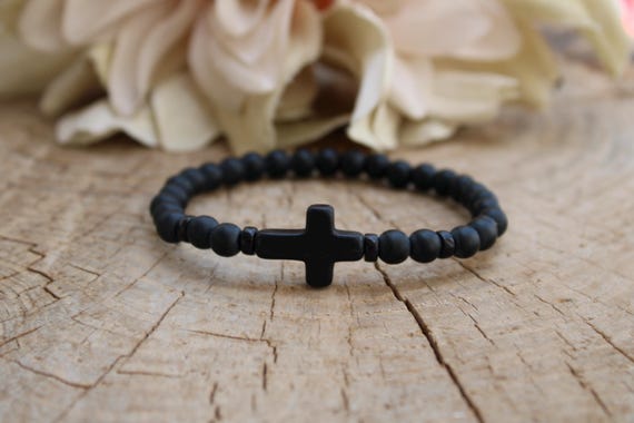 Mens Black Stone Cross Bracelet: Beaded Stretch Cord Design
