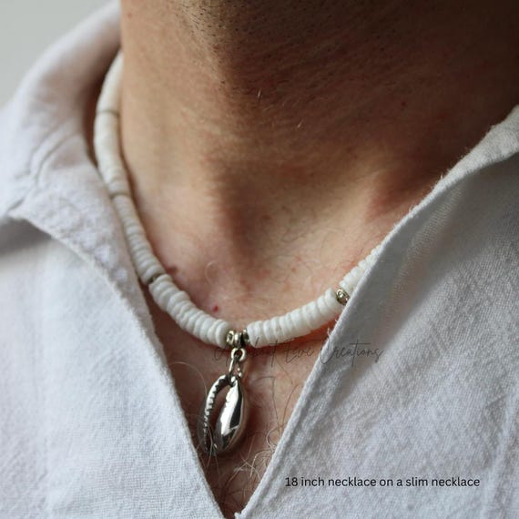 Surfer necklace. White heishi puka shell necklace with cowrie shell. White litub shell beaded necklace. Cowrie shell necklace. Waterproof