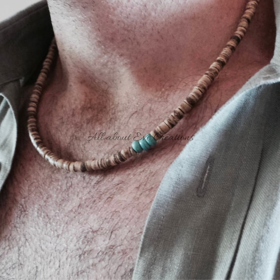 Mens beaded necklace. Mens necklace. Surfer style necklace. Mens coconut necklace. Mens turquoise necklace.Bohemian men's necklace.