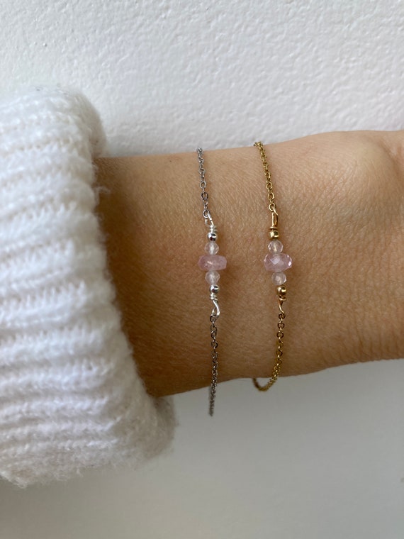 Dainty morganite bracelet. Pink gemstone bracelet.Morganite and rose quartz.  Emotional healing, Self love. Gold/silver/rose gold chain.