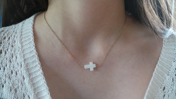 Side ways cross necklace. Mother of pearl cross necklace. Horizontal cross. Layering necklace. Dainty cross necklace. Gift for her.