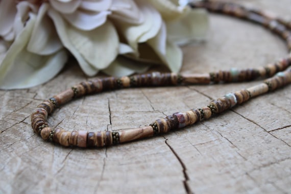 Mens beaded necklace. Mens necklace. Surfer style necklace. Mens coconut necklace. Mens picture jasper necklace.
