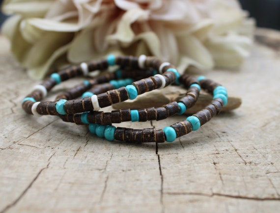 Brown wood bead and turquoise bracelet. Stretch bracelet. Turquoise and howlite wood bead bracelet. Surfer style bracelet.