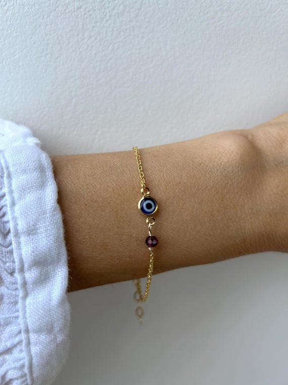 Evil eye and birthstone bracelet - Gold filled evil eye bracelet. Birthstone bracelet. Evil eye and gemstone bracelet. Bridesmaid gift