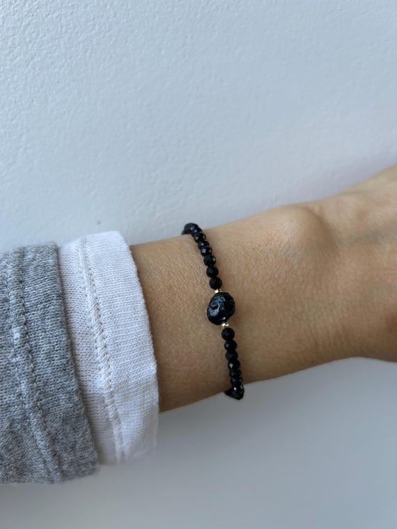 Black Tourmaline beaded stretch bracelet. Raw black tourmaline nugget. Elastic cord.