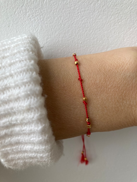 Red string bracelet. 24k gold vermeil red string bracelet . Beaded red silk cord bracelet. Friendship bracelet. Adjustable.