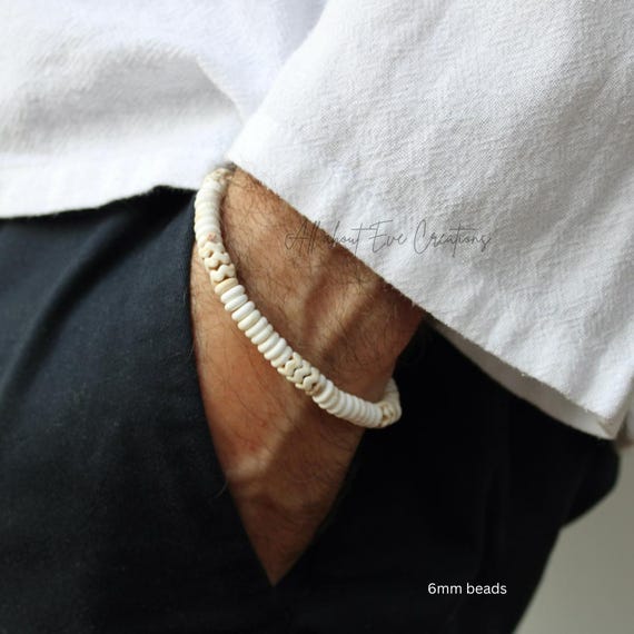 White surfer bracelet for men. Howlite beaded bracelet. Bracelet for dispelling negative energy and calming. 6mm beads.