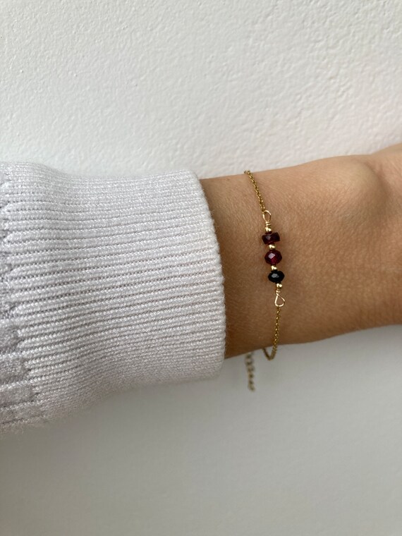 Black tourmaline, ruby and garnet bracelet. Empath protection/block negativity. Gold, silver, rose gold chain.