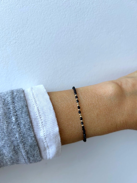 Black Tourmaline Beaded Bracelet. Skinny bracelet. Gold Filled, Sterling Silver