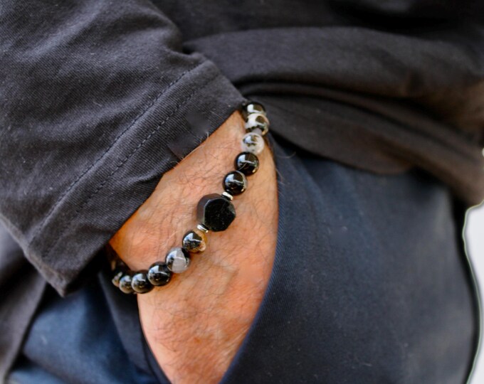 Mens beaded black tourmaline bracelet.  Stretch cord. October birthstone. Empath protection. 8mm beads.