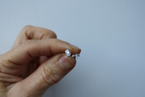Tiny Sterling Silver Cubic Zirconia Ear Studs 4mm ~ PAIR. Round, Rhodium plated.