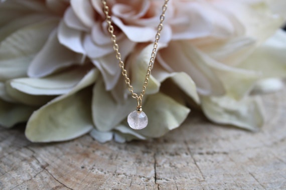 Rose quartz crystal necklace. Crystal necklace. 14k  gold filled rose quartz necklace. Rose quartz drop necklace.