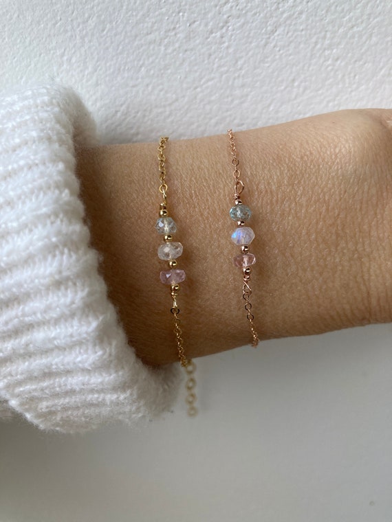 Morganite,  moonstone and aquamarine bracelet. Emotional healing. Crystal healing bracelet. Gold, silver ,rose gold chain