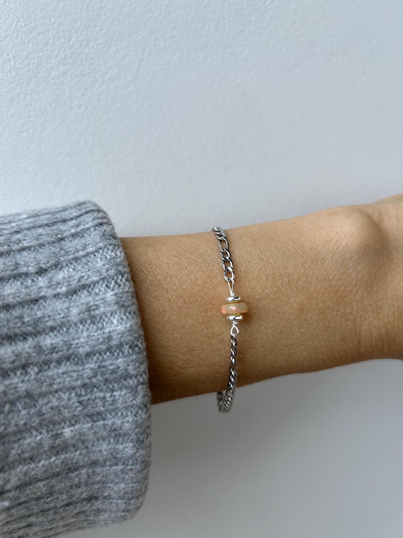 Opal bracelet for men. Unisex Figaro stainless steel chain bracelet. Silver/gold chain. 3mm.