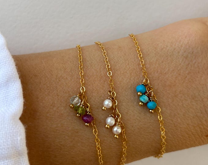 Gemstone bracelet. Real stone Birthstone. Turquoise, pearl. Gold filled, sterling silver.