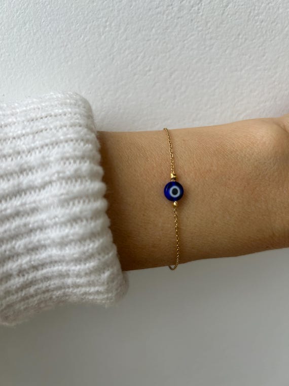 Gold filled evil eye bracelet. Skinny evil eye chain bracelet. Minimalist evil eye chain bracelet.