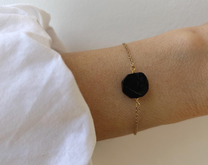 Black Tourmaline slab bracelet. Empath protection. Stainless Steel Chain