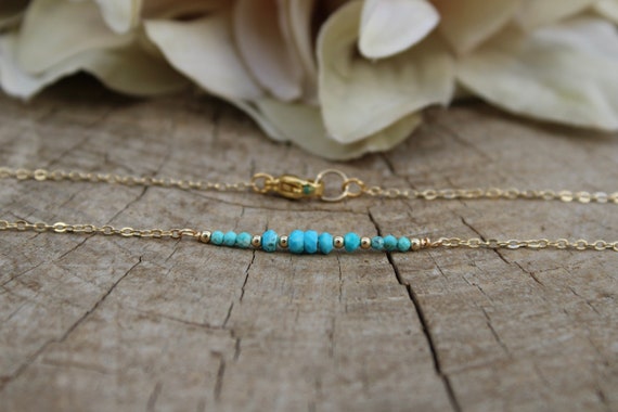 Genuine turquoise beaded bar necklace. Gold filled/sterling silver turquoise necklace. Turquoise gemstone bar necklace.