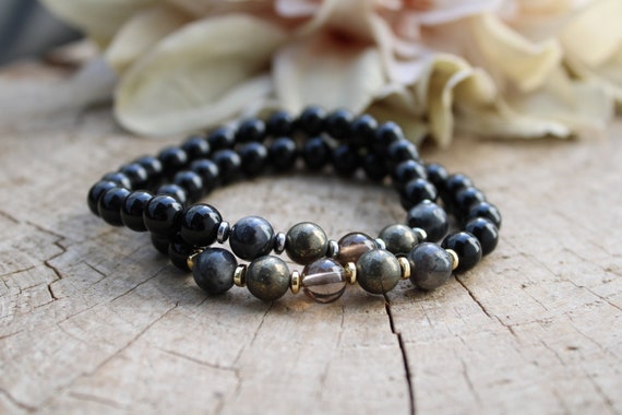 Black onyx, larvikite , smoky quartz and pyrite bracelet. Protection, stress relief, abundance. Beaded bracelet men.