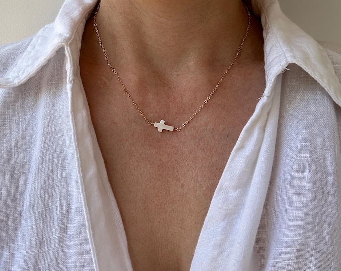 Delicate 14k gold filled/sterling silver sideways cross necklace. Mother of pearl crucifix. Religious jewelry.